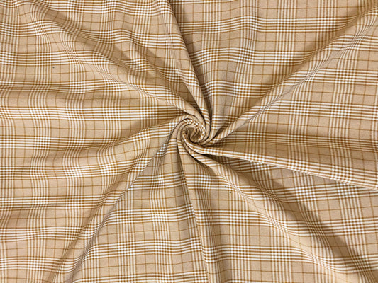 Stretch Gabardine – Golden Sand Windowpane Plaid (Camel/Taupe & Cream) – 2-Way Stretch, 180 GSM, 58" Wide – By the Yard (GBKPR01)