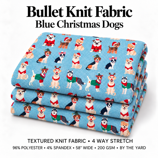 Blue Christmas Dogs Bullet Knit Fabric – Textured 4 Way Stretch, 58" Wide, 200 GSM – By the Yard (BPR194)