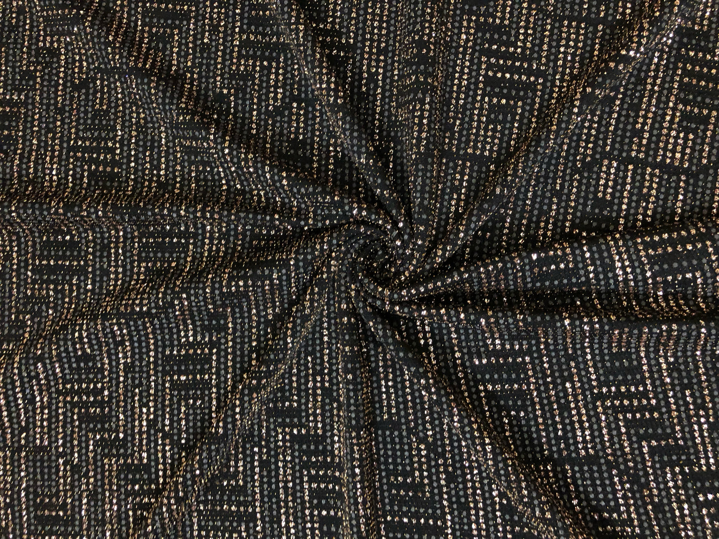 Premium Black & Gold Lurex Knit Fabric – Metallic Geometric Maze, 4 Way Stretch, 58” Wide, Sold by the Yard (SASC06)