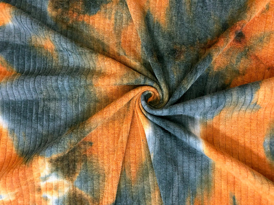 Rib Knit Fabric – Rust/Blue Cloud Tie Dye, 4 Way Stretch, 58” Wide – By the Yard (PRRTD06)