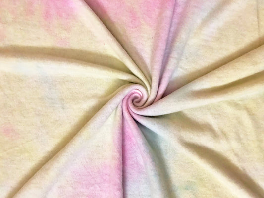 Brushed Hacci Knit Fabric – Blush Pink/Yellow/Blue Cotton Candy Cloud Tie Dye – 4-Way Stretch, 58" Wide – By the Yard (HBPR047)