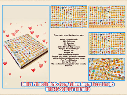 Bullet Print Fabric-Ivory Yellow Angry Faces Emojis-BPR146-Sold by the Yard