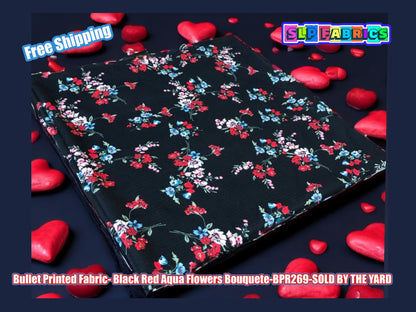 Bullet Knit Printed Fabric-Black Red Flowers-BPR269-Sold by the Yard