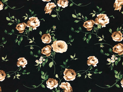 Liverpool Knit Fabric – Black Champagne Rose Bouquet – 4 Way Stretch, 58” Wide, 200 GSM, By the Yard (LVPR363)