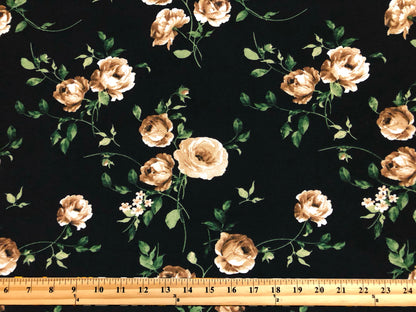 Liverpool Knit Fabric – Black Champagne Rose Bouquet – 4 Way Stretch, 58” Wide, 200 GSM, By the Yard (LVPR363)