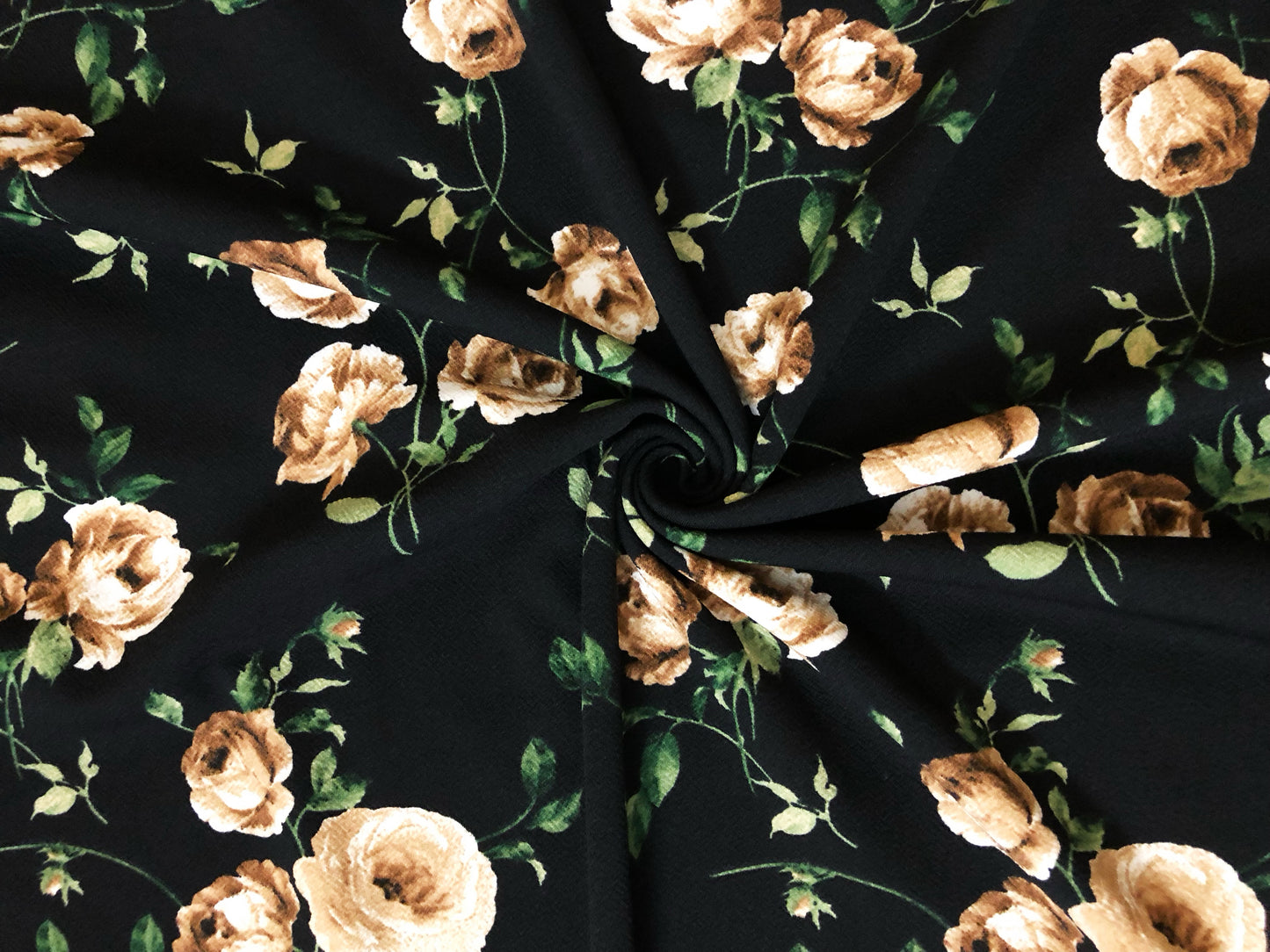 Liverpool Knit Fabric – Black Champagne Rose Bouquet – 4 Way Stretch, 58” Wide, 200 GSM, By the Yard (LVPR363)