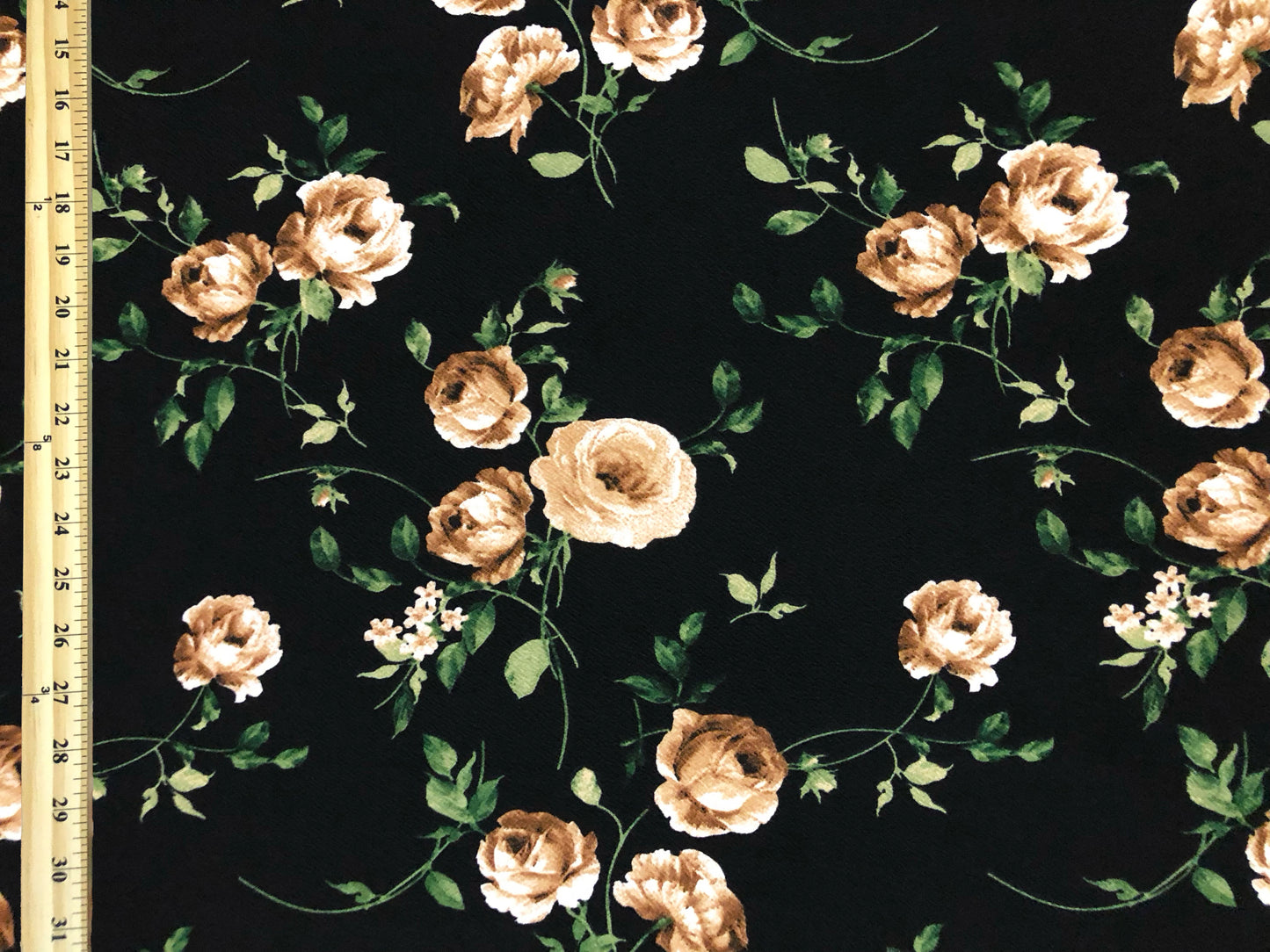 Liverpool Knit Fabric – Black Champagne Rose Bouquet – 4 Way Stretch, 58” Wide, 200 GSM, By the Yard (LVPR363)