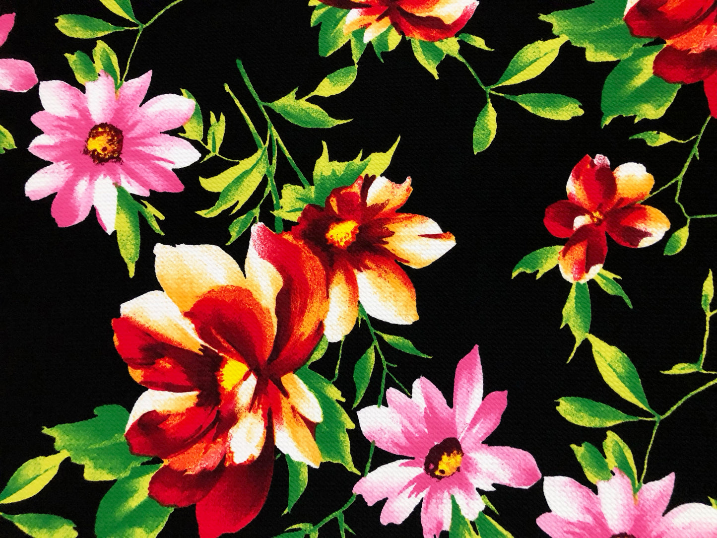 Premium Bullet Knit Fabric – Black/Pink/Coral Tropic Floral | 4-Way Stretch, 58" Wide, 200 GSM – By the Yard (BPR278)
