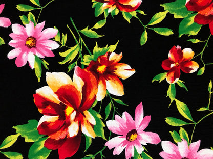 Premium Bullet Knit Fabric – Black/Pink/Coral Tropic Floral | 4-Way Stretch, 58" Wide, 200 GSM – By the Yard (BPR278)
