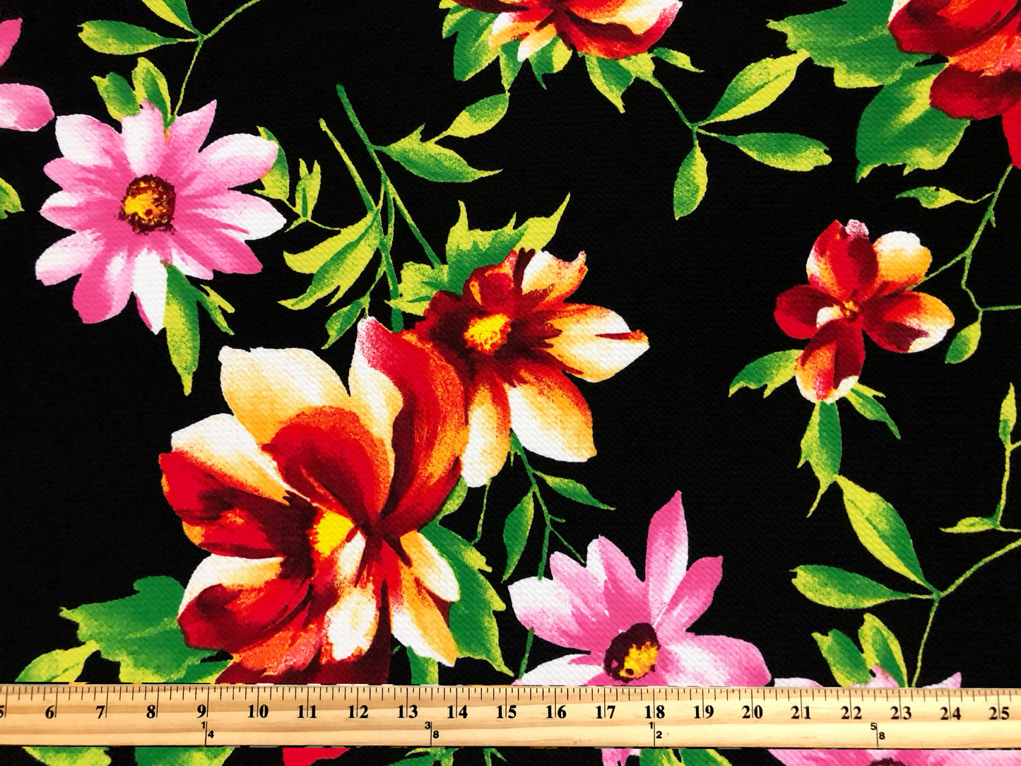 Premium Bullet Knit Fabric – Black/Pink/Coral Tropic Floral | 4-Way Stretch, 58" Wide, 200 GSM – By the Yard (BPR278)