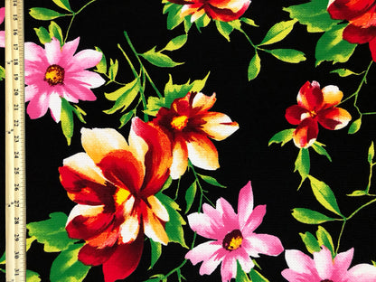 Premium Bullet Knit Fabric – Black/Pink/Coral Tropic Floral | 4-Way Stretch, 58" Wide, 200 GSM – By the Yard (BPR278)