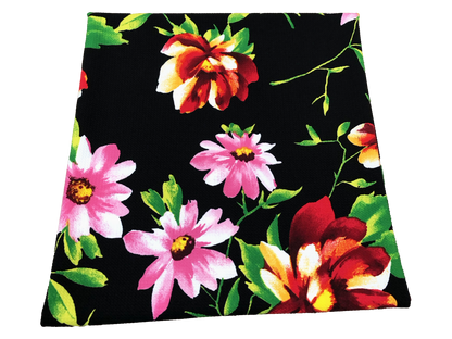 Premium Bullet Knit Fabric – Black/Pink/Coral Tropic Floral | 4-Way Stretch, 58" Wide, 200 GSM – By the Yard (BPR278)