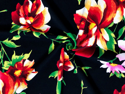 Premium Bullet Knit Fabric – Black/Pink/Coral Tropic Floral | 4-Way Stretch, 58" Wide, 200 GSM – By the Yard (BPR278)