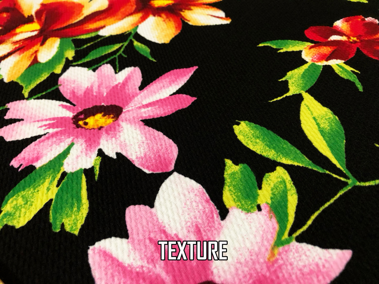 Premium Bullet Knit Fabric – Black/Pink/Coral Tropic Floral | 4-Way Stretch, 58" Wide, 200 GSM – By the Yard (BPR278)