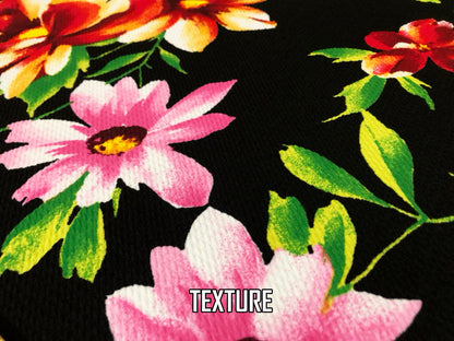Premium Bullet Knit Fabric – Black/Pink/Coral Tropic Floral | 4-Way Stretch, 58" Wide, 200 GSM – By the Yard (BPR278)