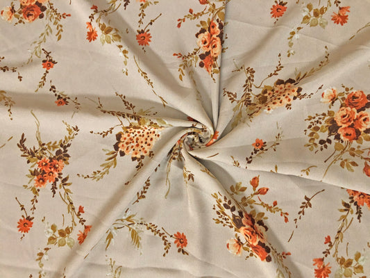 Wool Dobby Printed Fabric-Beige Orange Flowers-WDBPR006-Sold by the Yard