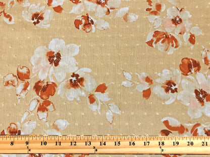 Rayon Gauze Swiss Dot Printed Fabric-Beige Vanilla Brown Orange Flowers-RGzPR004-Sold by the Yard