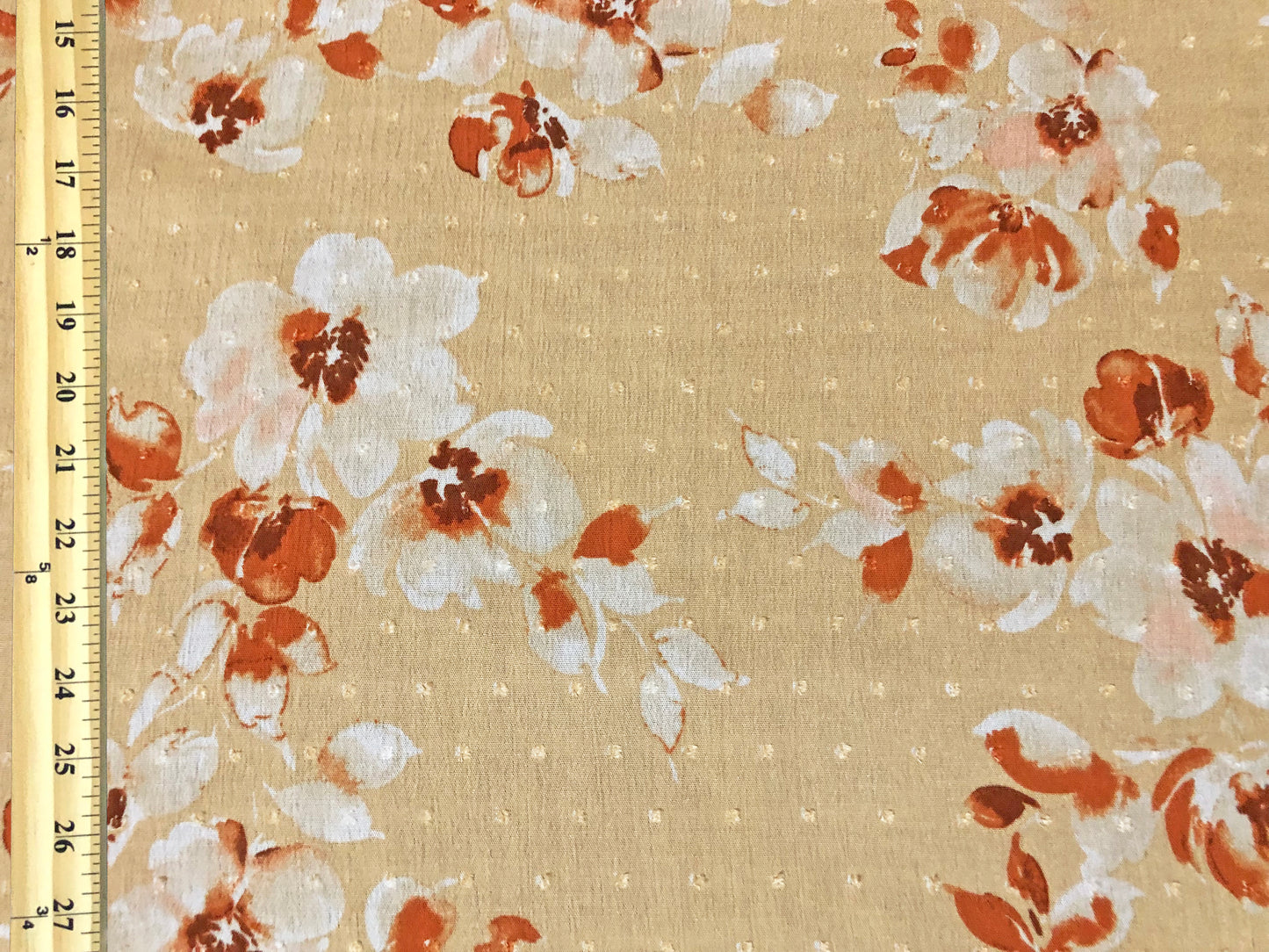 Rayon Gauze Swiss Dot Printed Fabric-Beige Vanilla Brown Orange Flowers-RGzPR004-Sold by the Yard