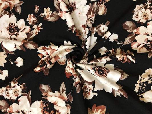 Techno Crepe Printed Fabric-Black Vanilla Brown Flowers-TCRP053-Sold by the Yard