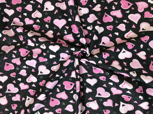 100% Cotton Print Fabric | Black Pink Hearts| Gold Glitter Foil |CTJPR025 |Jersey Fabric| Sold by the Yard