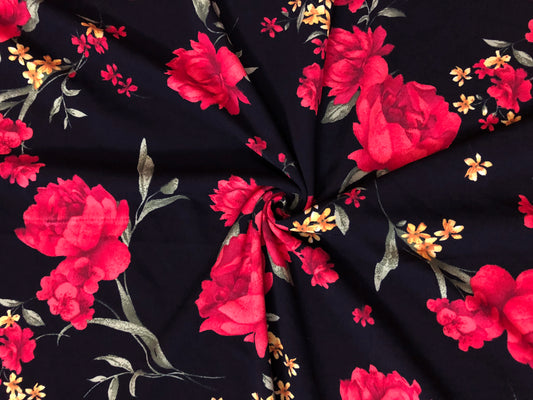 Techno Crepe Printed Fabric-Black Red Flowers-TCRP060-Sold by the Yard