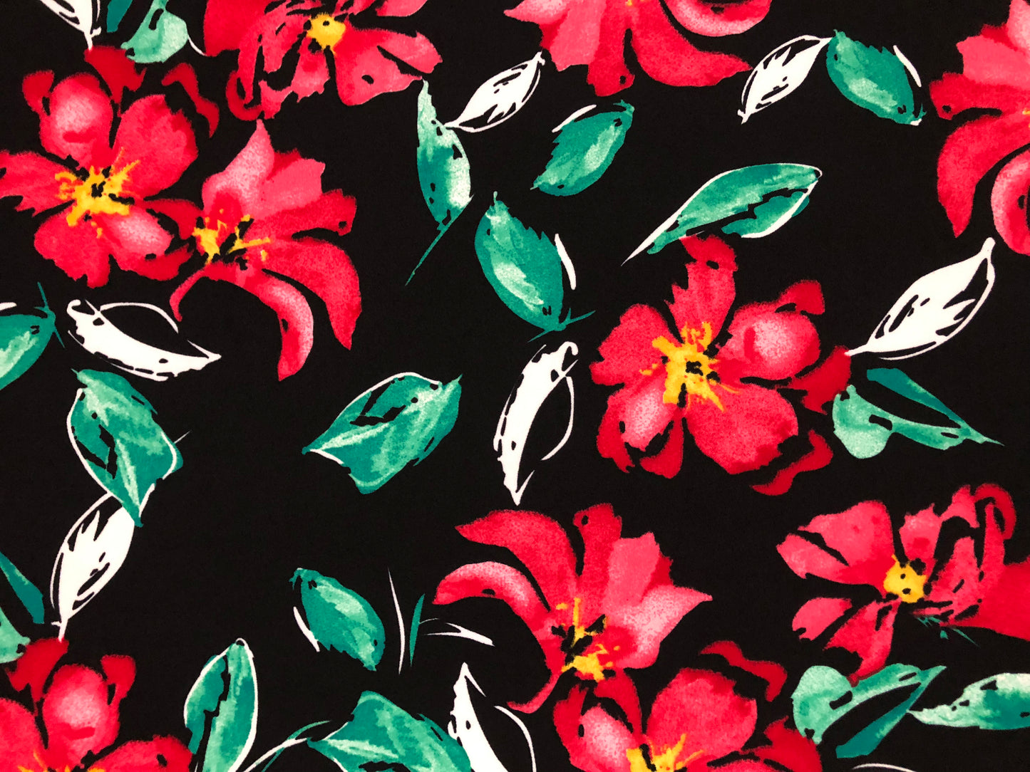 Techno Crepe Printed Fabric| Black Red Green Flowers |TCRP0111 |Sold by the Yard