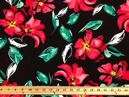 Techno Crepe Printed Fabric| Black Red Green Flowers |TCRP0111 |Sold by the Yard