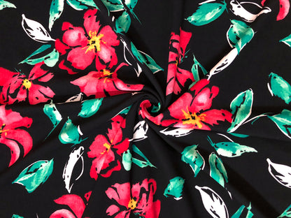 Techno Crepe Printed Fabric| Black Red Green Flowers |TCRP0111 |Sold by the Yard
