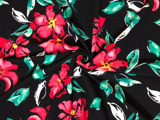 Techno Crepe Printed Fabric| Black Red Green Flowers |TCRP0111 |Sold by the Yard