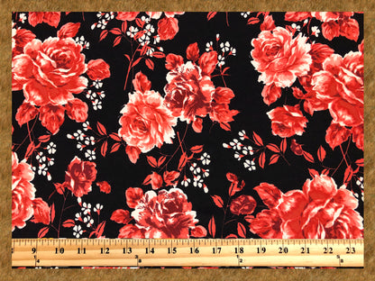 Techno Crepe Printed Fabric-Black Red Roses-TCRP030-Sold by the Yard