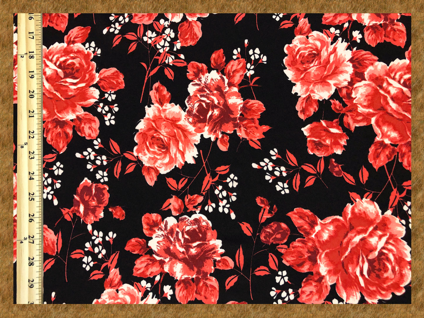 Techno Crepe Printed Fabric-Black Red Roses-TCRP030-Sold by the Yard