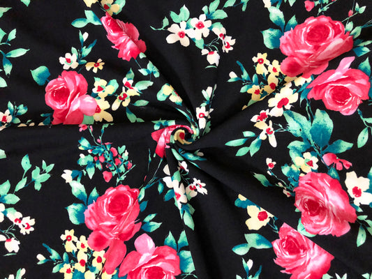 Techno Crepe Printed Fabric| Black Red Yellow Roses |TCRP0113 |Sold by the Yard