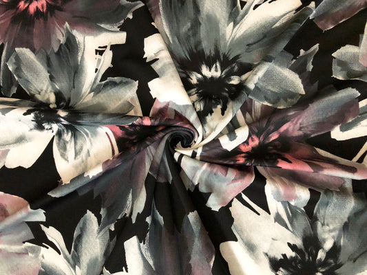 Scuba Techno Fabric| White Gray Black Red Brushed Painted Flowers | SCTPR019 | Sold by the Yard| Apparel Fabric