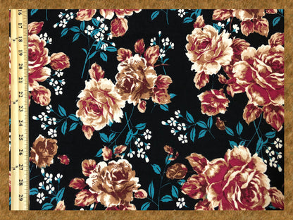 Techno Crepe Printed Fabric-Black Brown Roses-TCRP029-Sold by the Yard