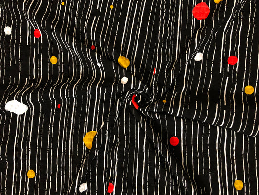 Crinkle Polyester Printed Fabric-Black Yellow Red Stripes and Circles-CKPR002-Sold by the Yard