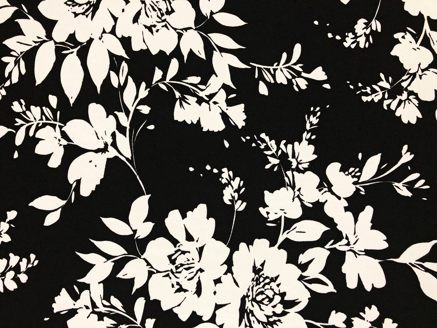 Techno Crepe Printed Fabric-Black White Paired Flowers-TCRP072-Sold by the Yard