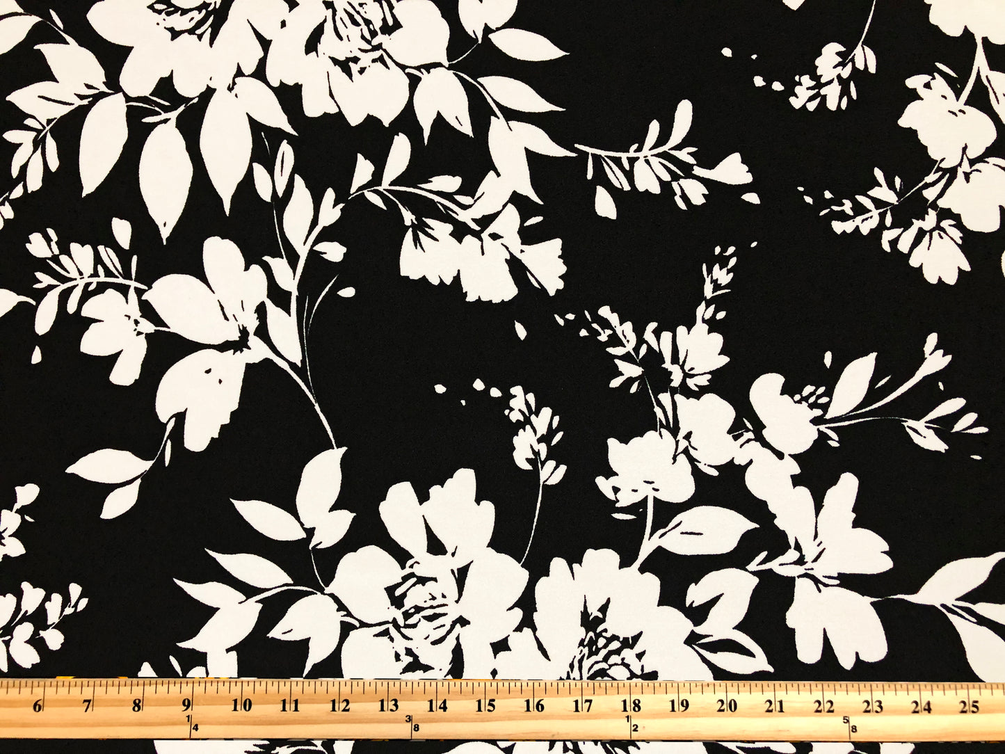 Techno Crepe Printed Fabric-Black White Paired Flowers-TCRP072-Sold by the Yard