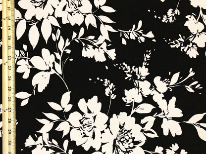 Techno Crepe Printed Fabric-Black White Paired Flowers-TCRP072-Sold by the Yard