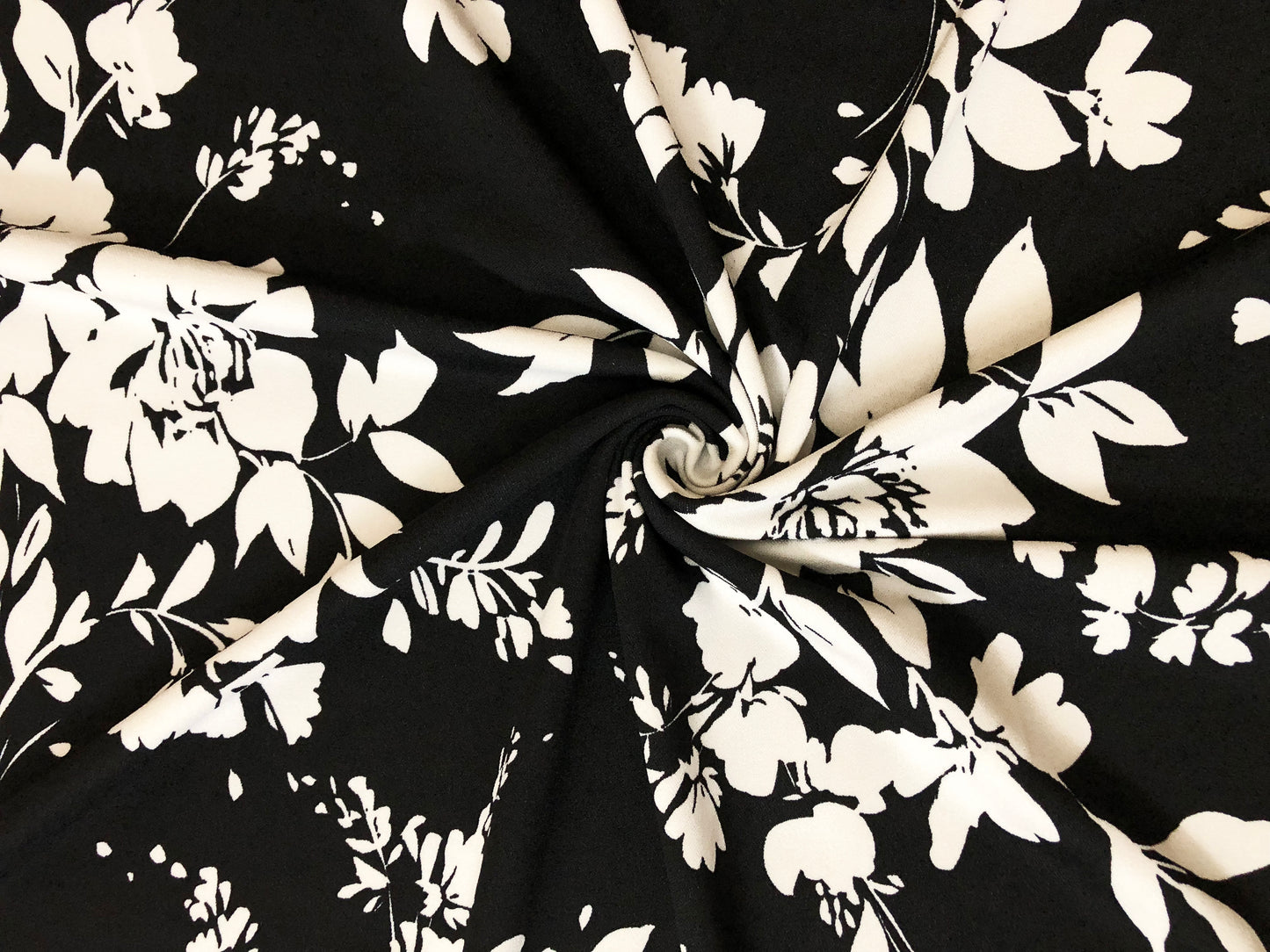 Techno Crepe Printed Fabric-Black White Paired Flowers-TCRP072-Sold by the Yard