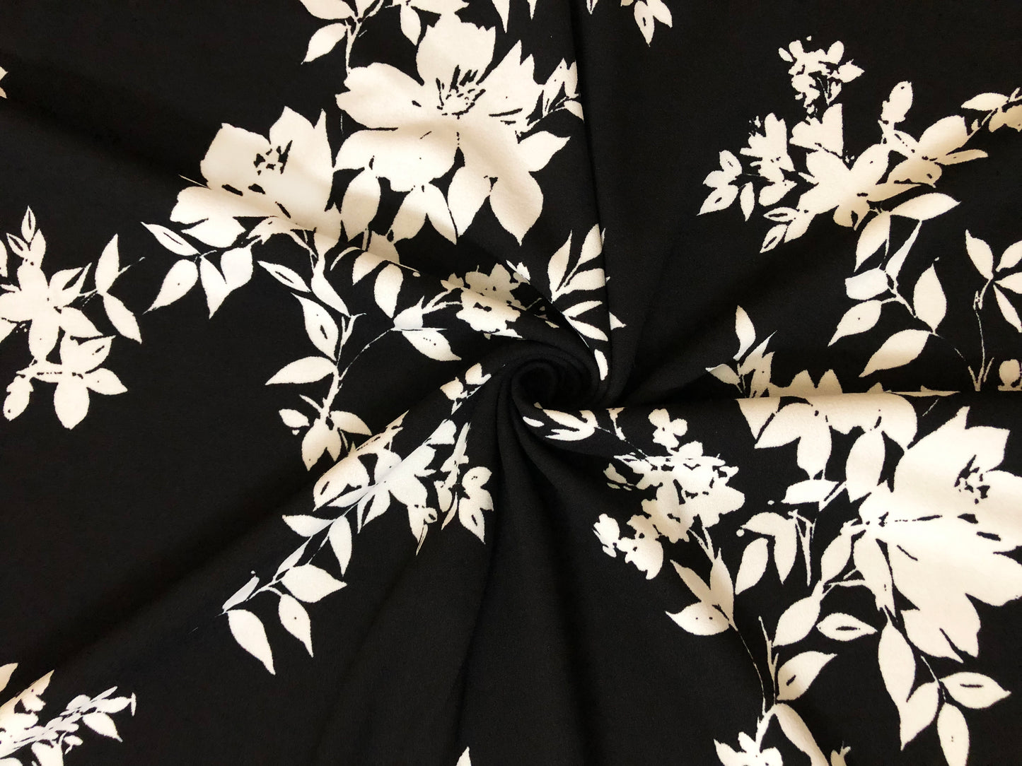 Techno Crepe Printed Fabric-Black White Flowers Bouquet-TCRP076-Sold by the Yard