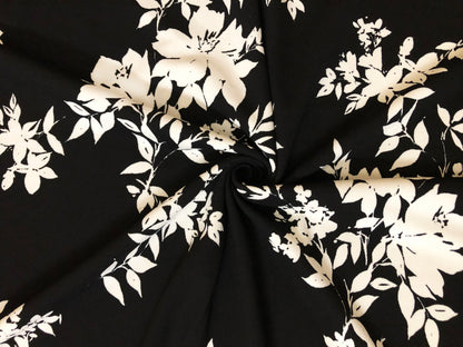 Techno Crepe Printed Fabric-Black White Flowers Bouquet-TCRP076-Sold by the Yard