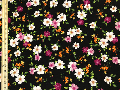 Techno Crepe Printed Fabric| Black White Purple Flowers|TCRP095 |Sold by the Yard