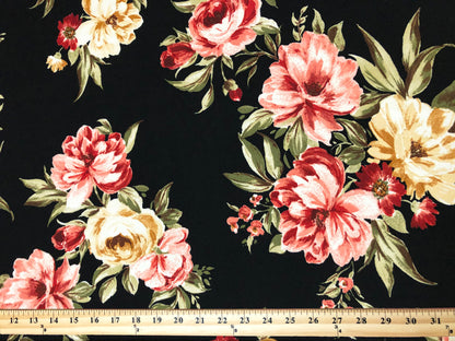 Black Red Pink White Brown Gold Flowers Techno Crepe Print Fabric