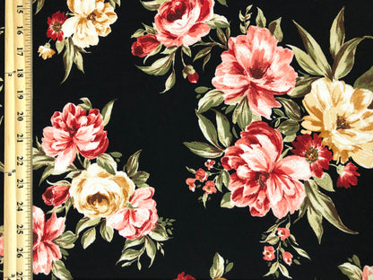 Black Red Pink White Brown Gold Flowers Techno Crepe Print Fabric