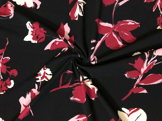 Techno Crepe Printed Fabric-Black Mauve Ivory Flowers-TCRP033-Sold by the Yard