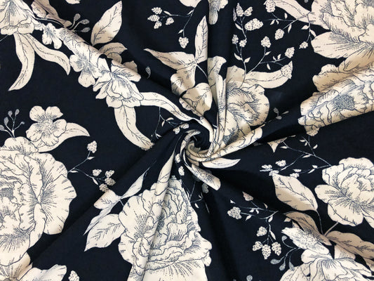 Black Ivory Hand Draw Flowers Techno Crepe Printed Fabric