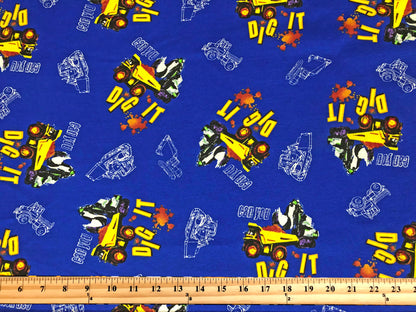 100% Cotton Print Fabric |Royal Blue Yellow Bulldozer |CTJPR06 |Jersey Fabric| Sold by the Yard