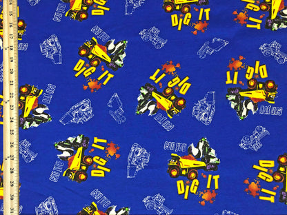 100% Cotton Print Fabric |Royal Blue Yellow Bulldozer |CTJPR06 |Jersey Fabric| Sold by the Yard