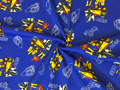 100% Cotton Print Fabric |Royal Blue Yellow Bulldozer |CTJPR06 |Jersey Fabric| Sold by the Yard