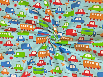 100% Cotton Print Fabric | Blue Red Brown Cars |CTJPR08 |Jersey Fabric| Sold by the Yard